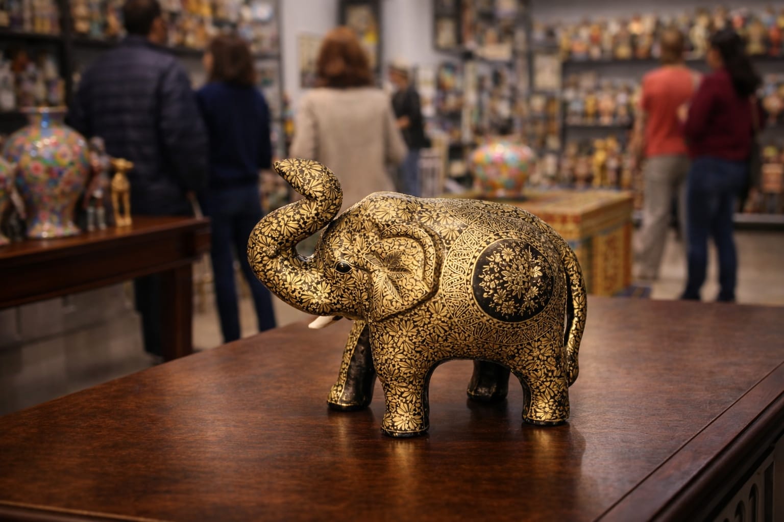 Paper mache elephant sculpture hand painted,trunk up elephant statue,vintage paper mache animal sculpture from Kashmir embosed floral design